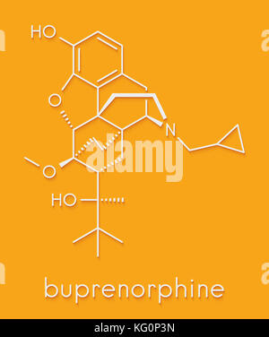 Buprenorphine opioid addiction and pain killer drug molecule. Skeletal formula. Stock Photo