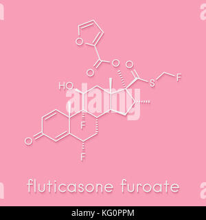 Fluticasone furoate corticosteroid drug molecule. Used in treatment of allergic rhinitis, COPD and chronic bronchitis. Skeletal formula. Stock Photo