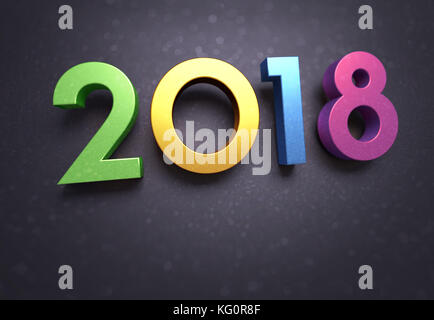 Year 2018 typescript date, multicolored, on a soft glittering black greeting card Stock Photo