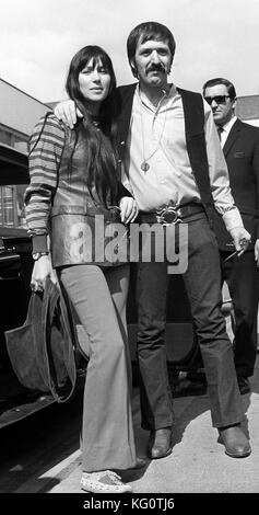 American pop singers Sonny and Cher on arrival at Heathrow Airport, London, from the USA. They are to appear in the Tom Jones Show on television. Stock Photo