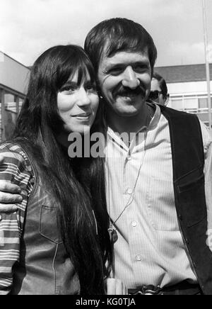 American pop singers Sonny and Cher on arrival at Heathrow Airport, London, from the USA. They are to appear in the Tom Jones Show on television. Stock Photo