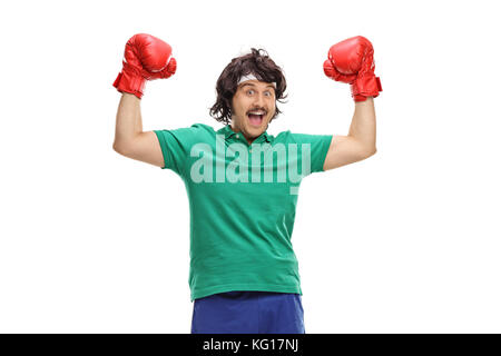 Retro sportsman with red boxing gloves isolated on white background Stock Photo