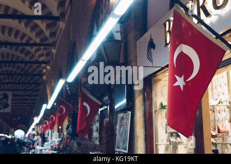EDIRNE, TURKEY - OCTOBER 27, 2017: Turkish flags on Arasta Bazaar in Edirne, Turkey Stock Photo