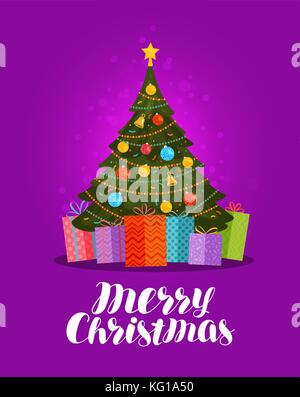 Merry Christmas, greeting card. Decorated xmas tree and gifts. Vector illustration Stock Vector