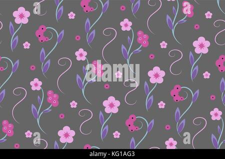 tender pink and blue flowers on a gray background. Seamless pattern Stock Vector