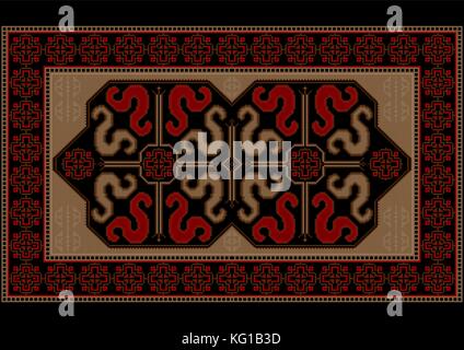 Luxury bright vintage rug with ethnic pattern dragons on the black center Stock Vector