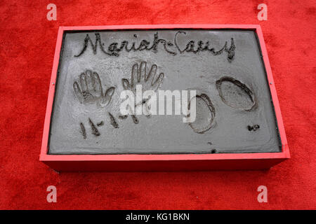 Los Angeles, USA. 01st Nov, 2017. A general view of Mariah Carey's hand and footprints at the ceremony honoring Mariah Carey held at TCL Chinese Theatre on November 1, 2017 in Hollywood, California. Credit: Geisler-Fotopress/Alamy Live News Stock Photo