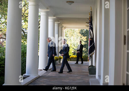 President of the United States Donald J. Trump and his nominee for United States Federal Reserve Chairman Jerome Powell walk along the West Wing colonnade as they prepare to speak with reporters in the Rose Garden at the White House in Washington, DC on November 2nd, 2017. Credit: Alex Edelman/CNP /MediaPunch Stock Photo