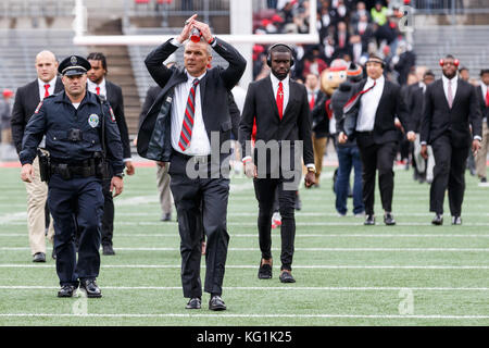 October 28th, 2017: Ohio State Buckeyes head coach Urban Meyer enters Ohio Stadium and gestures to fans in an NCAA football game between the Ohio State Buckeyes and the Penn State Nittany Lions at Ohio Stadium, Columbus, OH. Adam Lacy/CSM Stock Photo