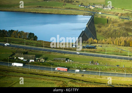 An aerial view of Stott Hall farm near Huddersfield in Yorkshire, which sits in the middle of the M62, as the farm has become the latest to join Yorkshire Water's Beyond Nature vision which aims to transform how farms in the region connect with the land, water and wildlife around them. Stock Photo