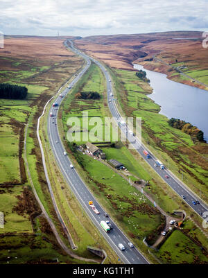 An aerial view of Stott Hall farm near Huddersfield in Yorkshire, which sits in the middle of the M62, as the farm has become the latest to join Yorkshire Water's Beyond Nature vision which aims to transform how farms in the region connect with the land, water and wildlife around them. Stock Photo