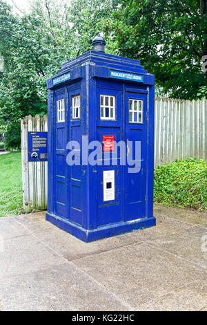 A Local police call box or 'tardis' at The National Telephone Kiosk Collection at the Avoncroft Museum of Buildings, Worcestershire, England, UK Stock Photo