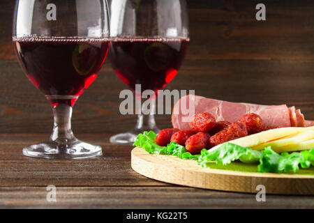 Red wine with charcuterie assortment on the background Stock Photo
