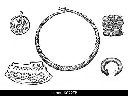 The Britons, also known as Celtic Britons or Ancient Britons, were Celtic people who inhabited Great Britain from the British Iron Age. The brass ornaments retain a strong design element evident in the illustrated items dating from the 1st Century BC Stock Photo