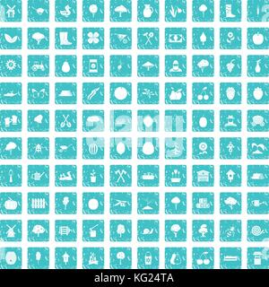 100 agriculture icons set grunge blue Stock Vector