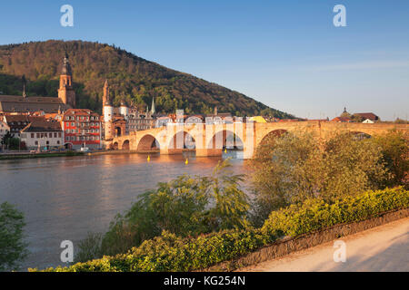 Old town with Karl-Theodor-Bridge (Old Bridge), Gate and Heilig Geist Church, Heidelberg, Baden-Wurttemberg, Germany, Europe Stock Photo