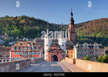 Old town with Karl-Theodor-Bridge (Old Bridge), Gate and Heilig Geist Church, Heidelberg, Baden-Wurttemberg, Germany, Europe Stock Photo