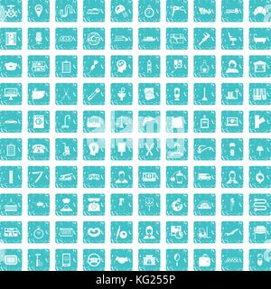 100 work icons set grunge blue Stock Vector