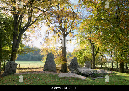 Waylands Smithy in the autumn morning sunlight. Neolithic chambered long barrow along the Ridgeway, Ashbury, Oxfordshire, England. Stock Photo