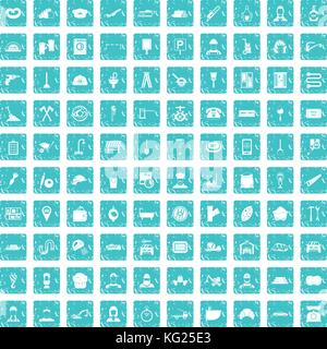 100 working professions icons set grunge blue Stock Vector