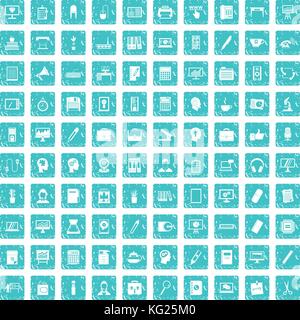 100 work space icons set grunge blue Stock Vector