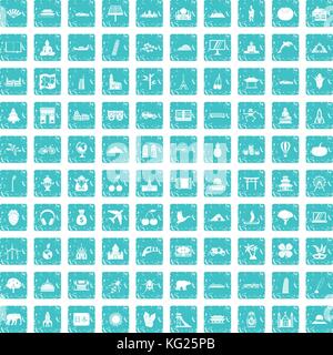 100 world icons set grunge blue Stock Vector