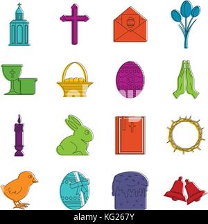Easter items icons doodle set Stock Vector