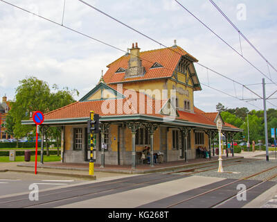 Typical traditonal tram station on flemish coast at Le Coq Stock Photo