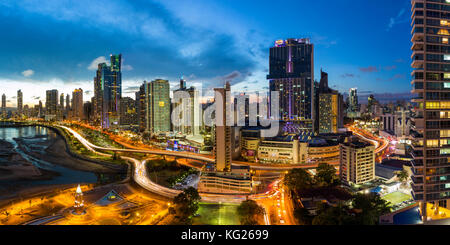 City skyline illuminated at dusk, Panama City, Panama, Central America Stock Photo