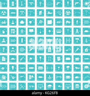 100 building materials icons set grunge blue Stock Vector
