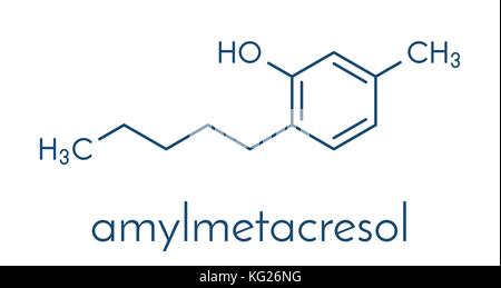 Amylmetacresol antiseptic drug molecule. Used in lozenges to treat sore throat. Skeletal formula. Stock Vector