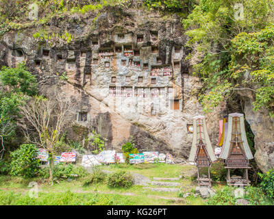 At this burial cliff, condolence signs from past funerals and coffin carriers shaped are left below the crypts, Tana Toraja, Sulawesi, Indonesia Stock Photo
