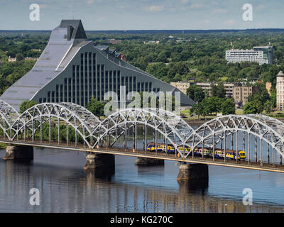 View from the top of the Academy of Sciences of the National Library and the railway bridge, Riga, Latvia, Baltic States, Europe Stock Photo