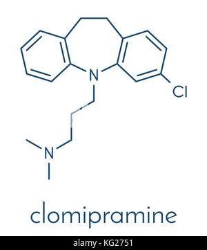 Clomipramine tricyclic antidepressant drug molecule. Used in treatment of depression, obsessive-compulsive disorder, etc. Skeletal formula. Stock Vector