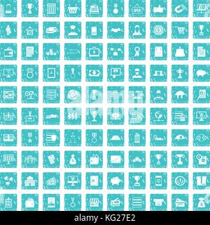 100 business icons set grunge blue Stock Vector