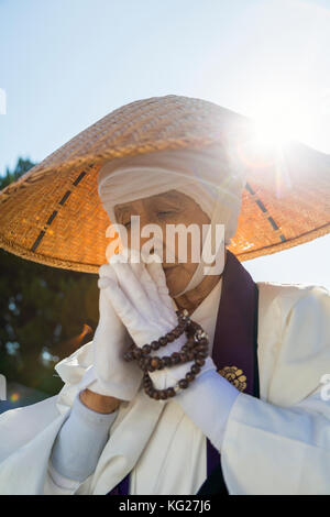 Japanese female Buddhist monk collecting alms at the Kiyomizudera Temple in Kyoto, Japan, Asia Stock Photo