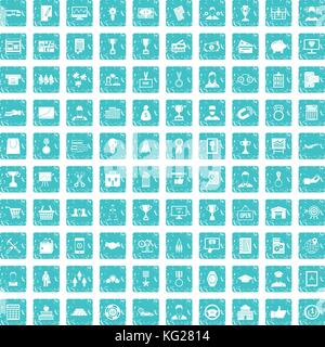 100 business career icons set grunge blue Stock Vector