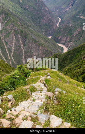 South America - Choquequirao lost ruins (mini - Machu Picchu), remote, spectacular the Inca ruins near Cuzco. Cultivated terrace fields on the steep s Stock Photo