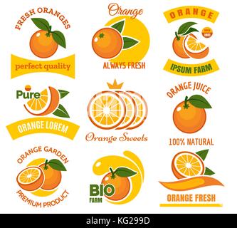 Orange slice products emblems. Cartoon dessert oranges with green leaves fruits graphic logo set isolated on white background Stock Vector