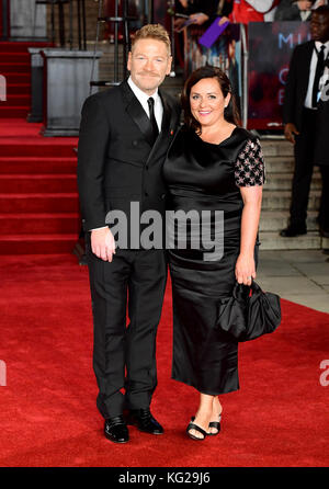 Sir Kenneth Branagh and Lindsay Brunnock attending the world premiere of Murder On The Orient Express at the Royal Albert Hall, London. Stock Photo