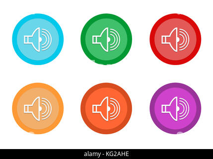 Set of rounded colorful buttons with speaker symbol in blue, green, red, yellow, purple and orange colors Stock Photo