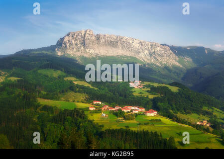 Itxina mountain with Zaloa and Urigoiti villages in Basque Country Stock Photo