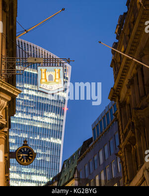 Hanging sign TSB in Lombard Street, London, superimposed on distant view of 20 Fenchurch St, Walkie Talkie building, London old and new Stock Photo