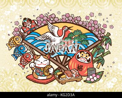 Lovely Japan concept illustration, hand drawn style with traditional symbol collection, fortune word in Japanese on the red daruma Stock Vector