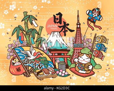 Lovely Japan travel concept, cute hand drawn style with famous attractions and symbols, Japan country name and fortune in Japanese on the daruma Stock Vector