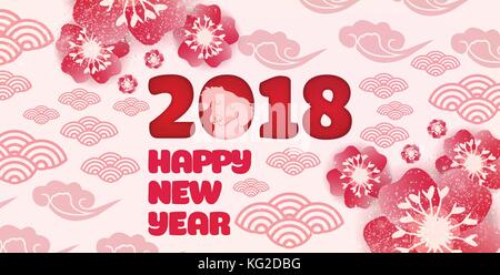 2018 chinese new year greeting card, paper cut with yellow dog and blooming background Stock Vector