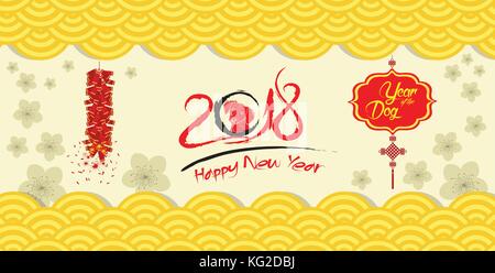 Happy chinese new year 2018 card and firecracker blossom background Stock Vector