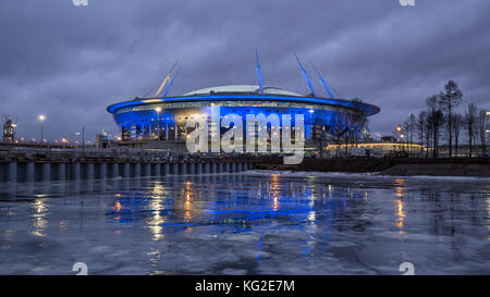 SAINT PETERSBURG, RUSSIA - DECEMBER 25, 2016: New stadium football club 'Zenit Saint Petersburg' on Krestovsky island at night with colored lights Stock Photo