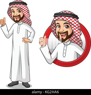 Set of businessman Saudi Arab man cartoon character design, inside the circle logo concept with showing like, ok, good job, satisfied sign gesture. Stock Vector