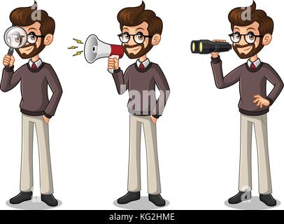 Set of hipster businessman cartoon character design, looking through binoculars, holding magnifying glass, and talking yelling shouting announcement. Stock Vector